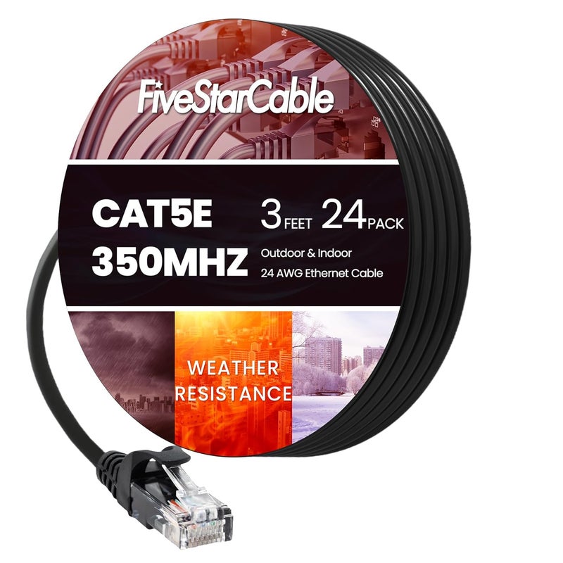 FiveStarCable كابل إيثرنت قصير 24 حزمة بدون تشابك Cat 5e - 3 قدم، كابل شبكة إنترنت عالي السرعة، PoE، موصل RJ45، كابل LAN جيجابت لجهاز التوجيه، المودم، الكمبيوتر، الألعاب، التلفاز الذكي، PS5، أسود - Image 1